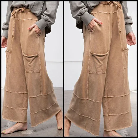 EASEL "Perfect Cargo" Terry Knit Mineral Washed Flared Leg Pants Raw Hem & Seams - Picture 3 of 15
